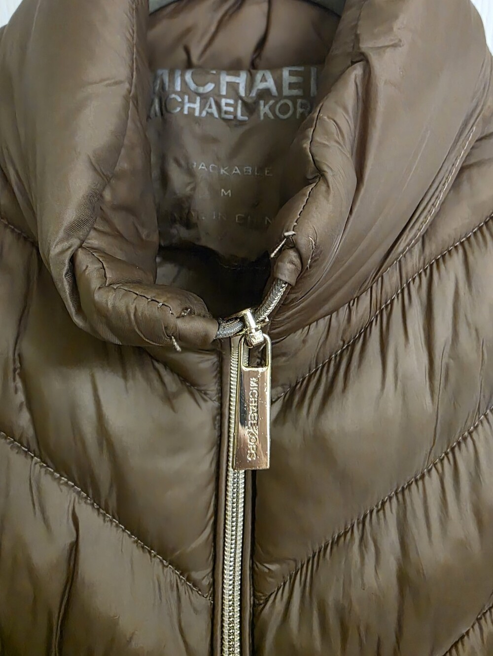 Michael Kors Brown Puffer Jacket with Gold-Tone Zipper Size M